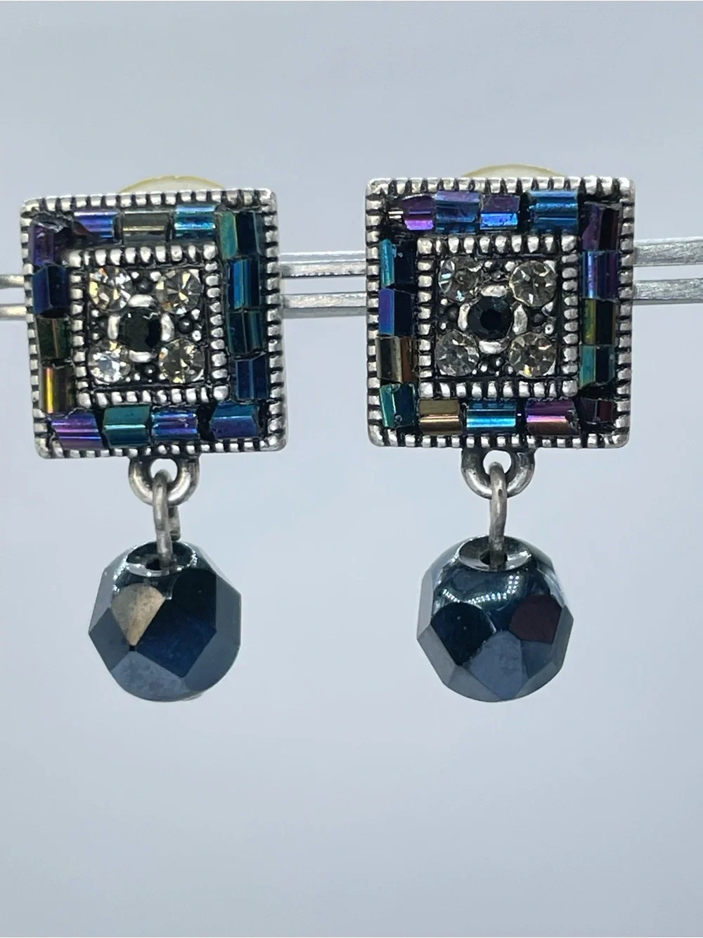 Vintage Silver Tone Blue Crystal Glass Art Deco Dangle Stud Earrings